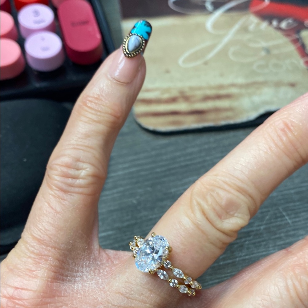 2Pcs- 18 K Gold Plated 925 Women's Engagement-Style Ring with Clear Center Stone